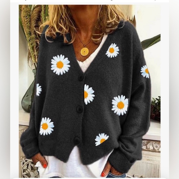 Sweaters - Floral Daisy Knit Cardigan Y2K Long Sleeve V Neck Cropped Daisy, Large